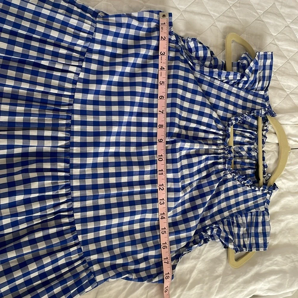 J. Crew Blue and White Gingham Tiered Midi Dress